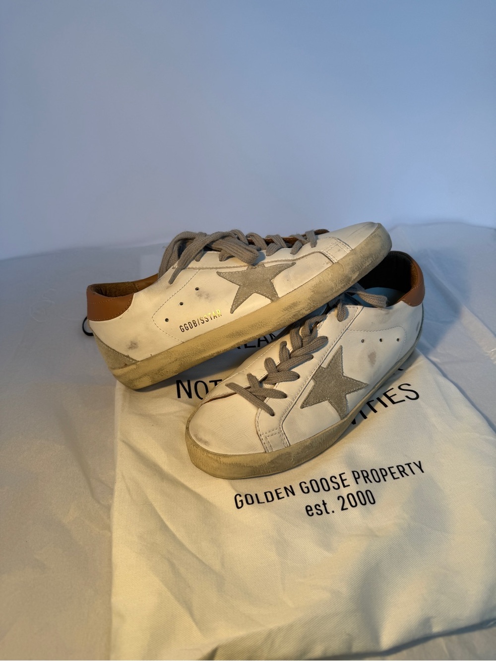 Golden Goose Sz38-White Leather Low-Top Sneakers with Gray Star and Brown Heel